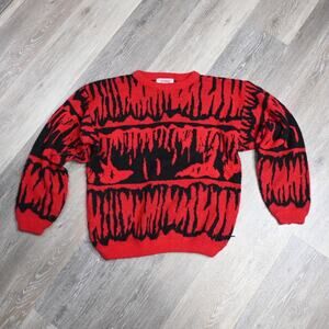 Vintage Studio HQ Red Black Abstract Knit Sweater Mens Large Graphic 80s 90s